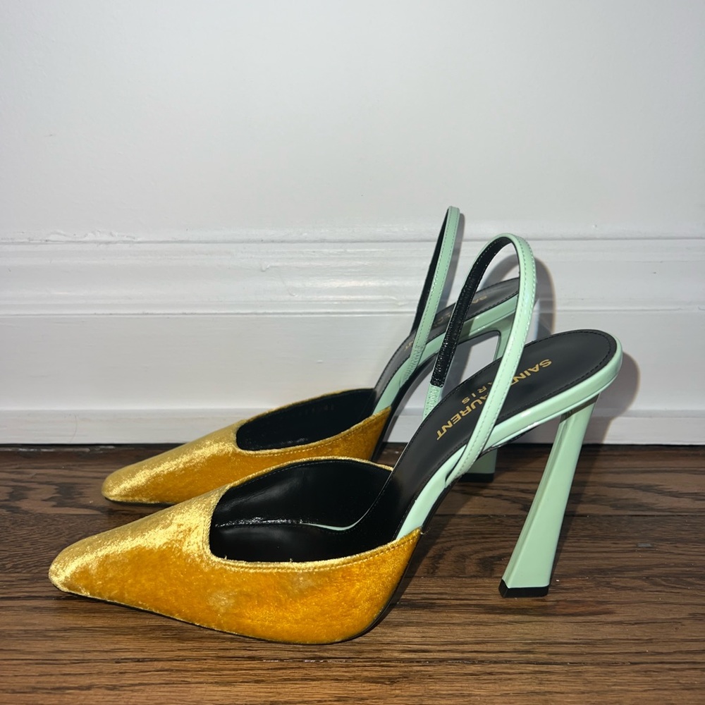 Saint Laurent Velvet Heels in Yellow and Mint